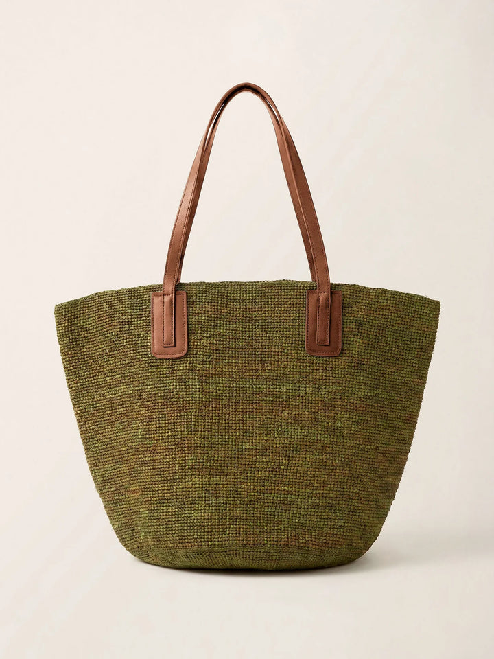 Bolso Tote De Rafia Tejido A Mano Con Asas De Cuero