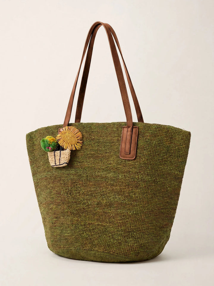 Bolso Tote De Rafia Tejido A Mano Con Asas De Cuero