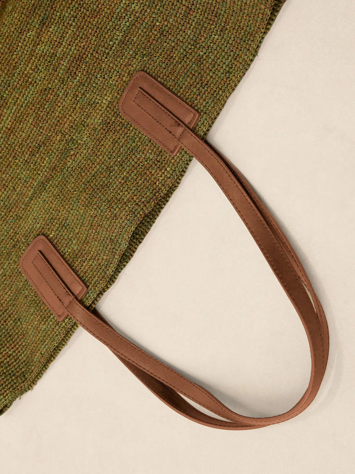 Bolso Tote De Rafia Tejido A Mano Con Asas De Cuero