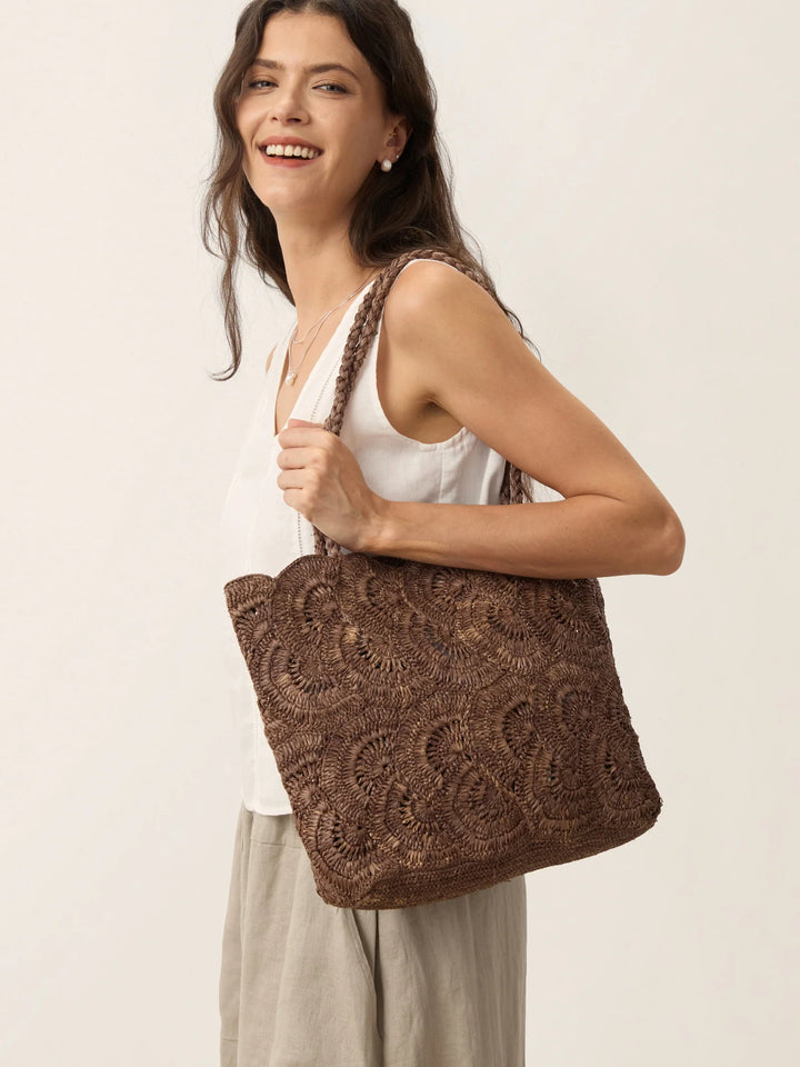 Bolso Tote De Rafia Tejido A Mano Con Patrón Floral