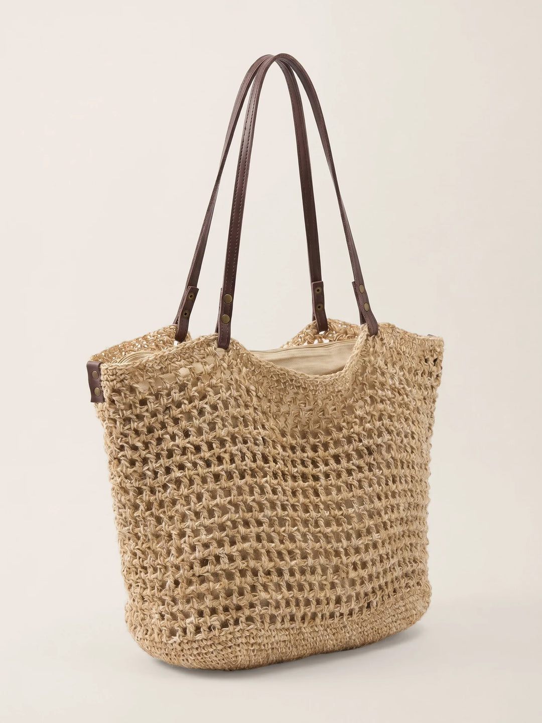 Bolso Tote De Lino Y Algodón Tejido Abierto Con Bolsillo Con Cremallera
