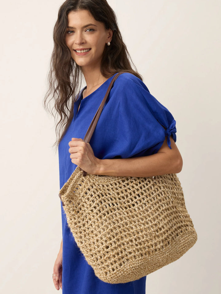 Bolso Tote De Lino Y Algodón Tejido Abierto Con Bolsillo Con Cremallera