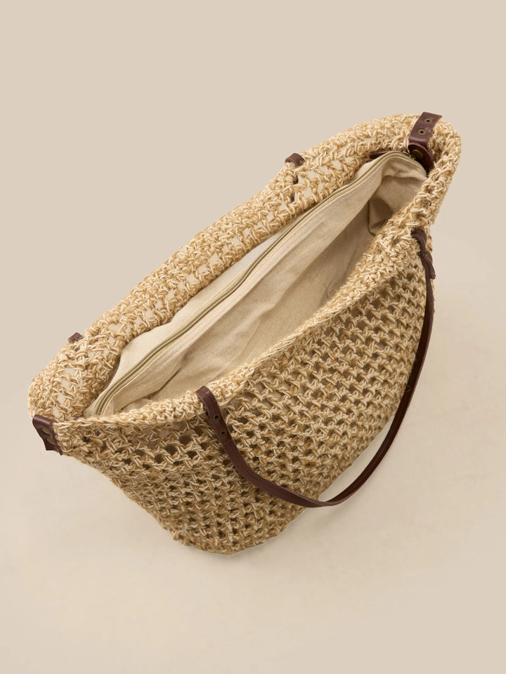 Bolso Tote De Lino Y Algodón Tejido Abierto Con Bolsillo Con Cremallera