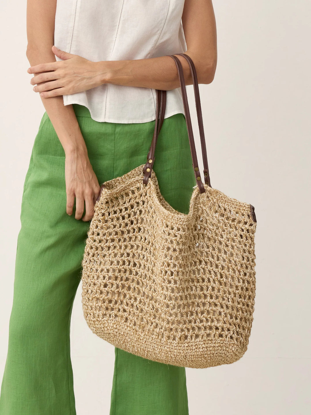 Bolso Tote De Lino Y Algodón Tejido Abierto Con Bolsillo Con Cremallera