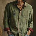 Camisa casual retro japonesa con estampado de bambú y caligrafía para hombre