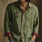 Camisa casual retro japonesa con estampado de bambú y caligrafía para hombre