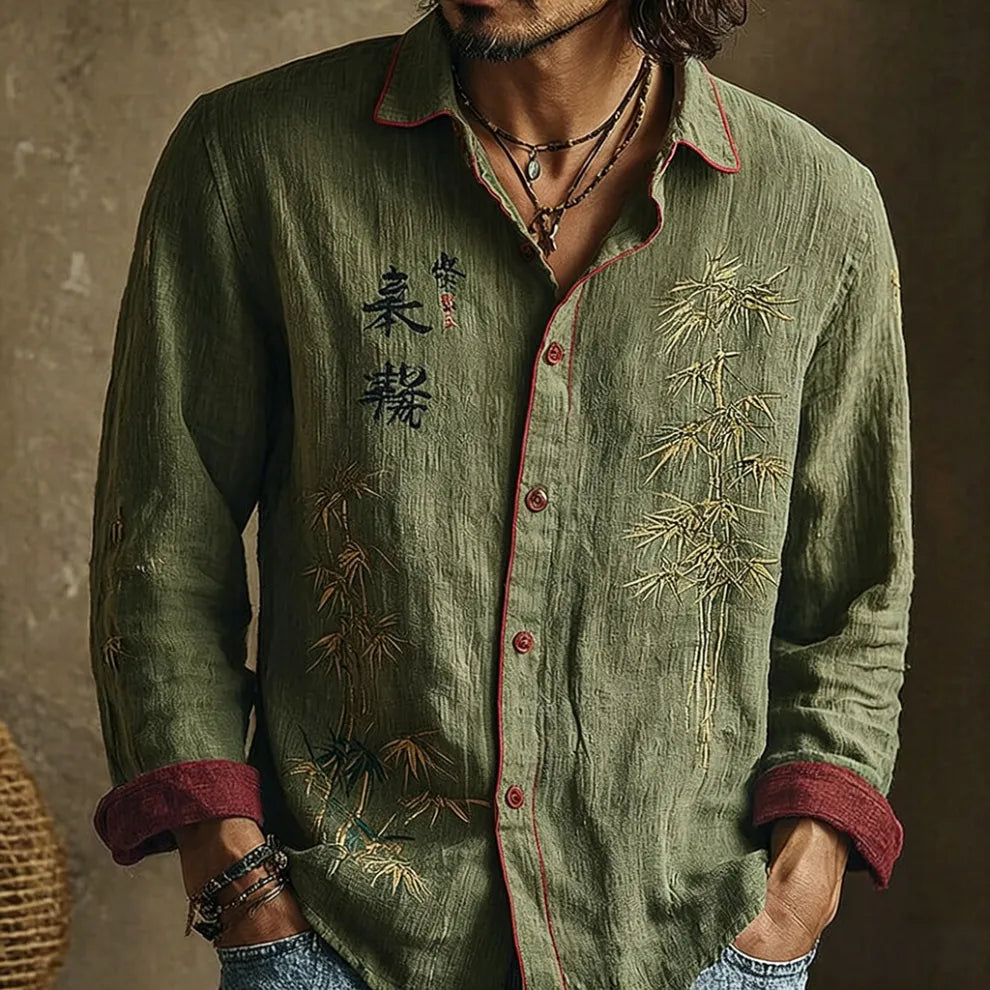 Camisa casual retro japonesa con estampado de bambú y caligrafía para hombre