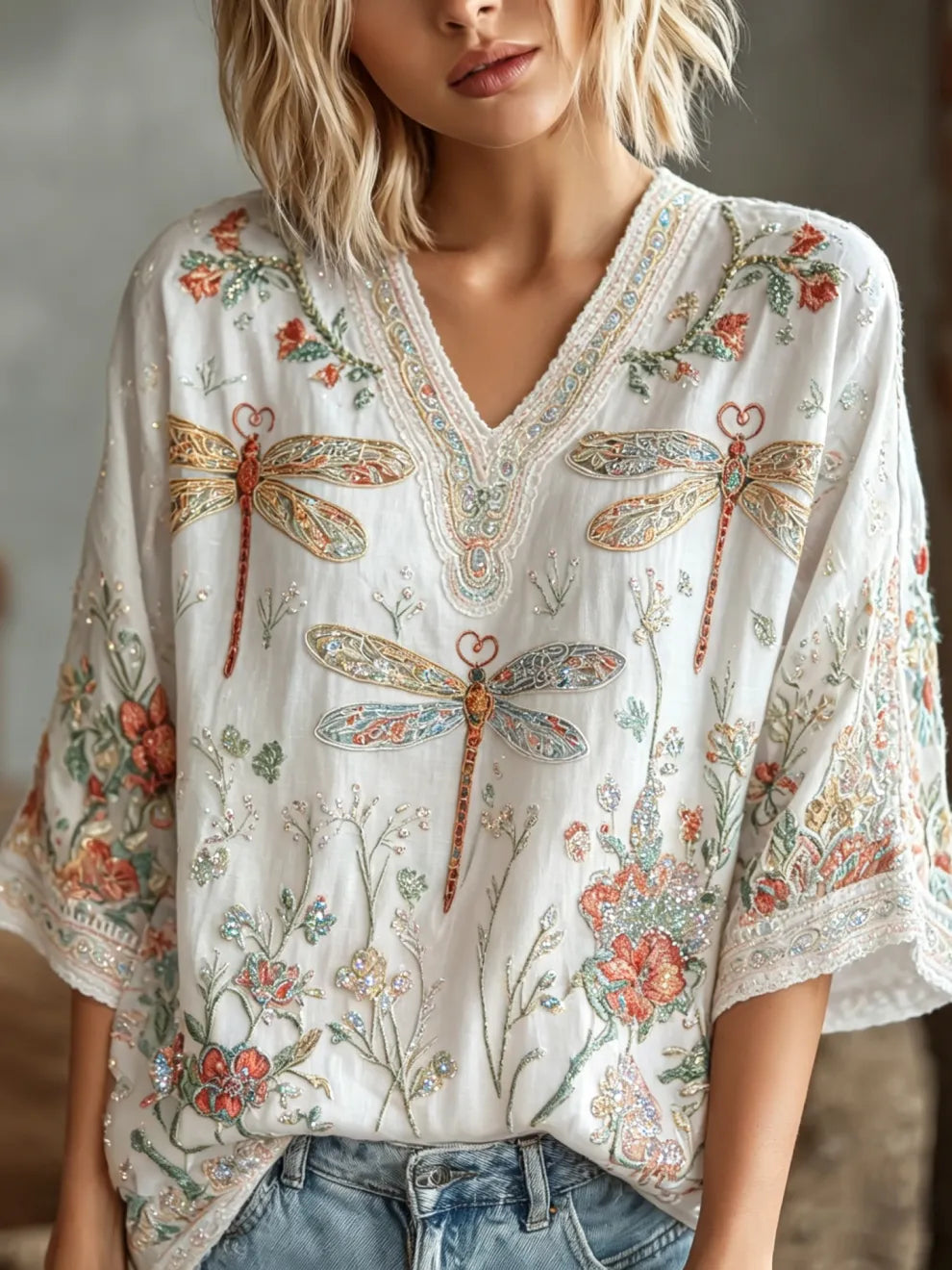 Linen Hippie Shirt with Floral Embroidery and Dragonfly Patchwork - 3/4 Sleeve