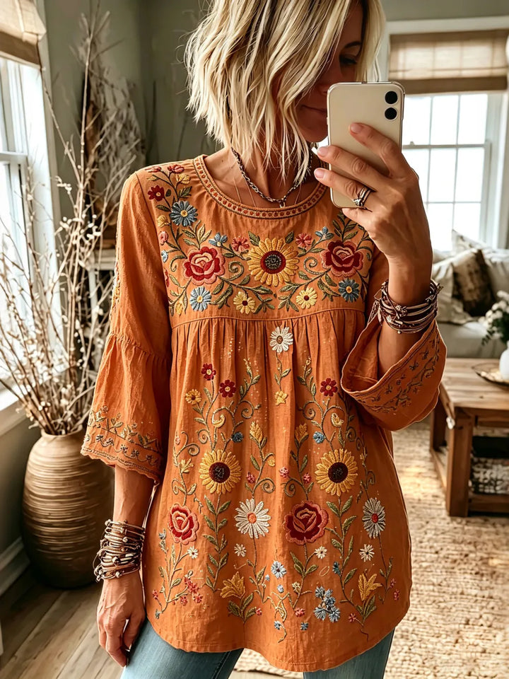 Top Casual de Mistura de Linho com Padrão Floral Vintage e Manga Três Quartos