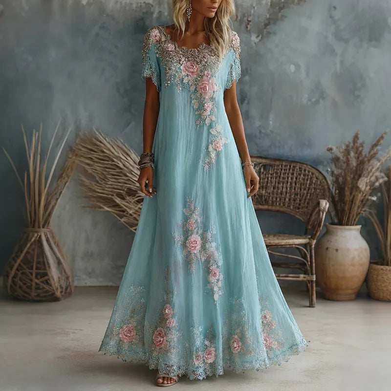 Vestido Casual Boémio Comprido e Padrão Floral Rosa Vintage