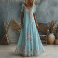 Vestido Casual Bohemio Largo con Arte Floral de Rosa Vintage