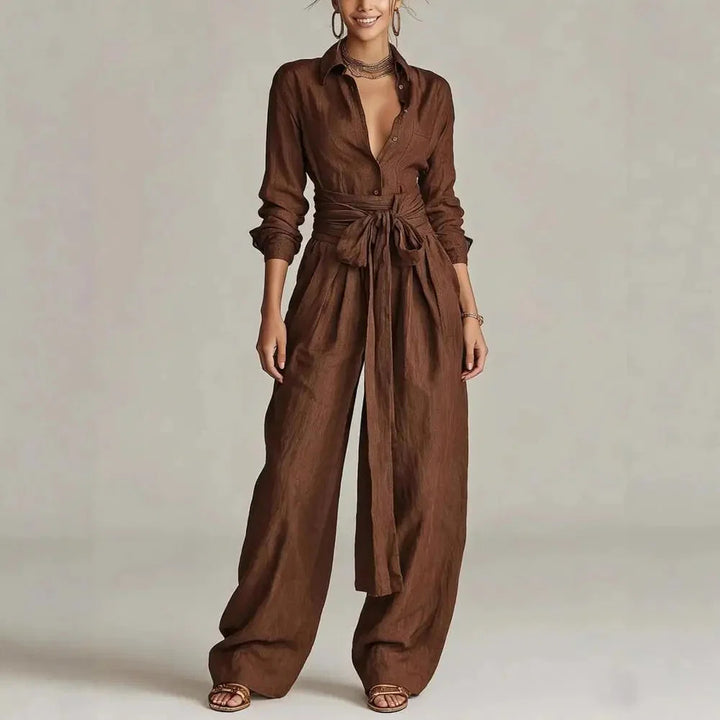 Rebeca - Conjunto Camisa Com Cinto E Calças Palazzo De Cintura Alta