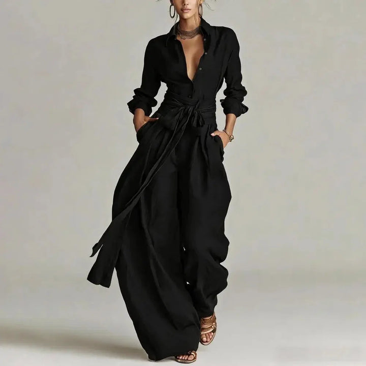 Rebeca - Conjunto Camisa Com Cinto E Calças Palazzo De Cintura Alta