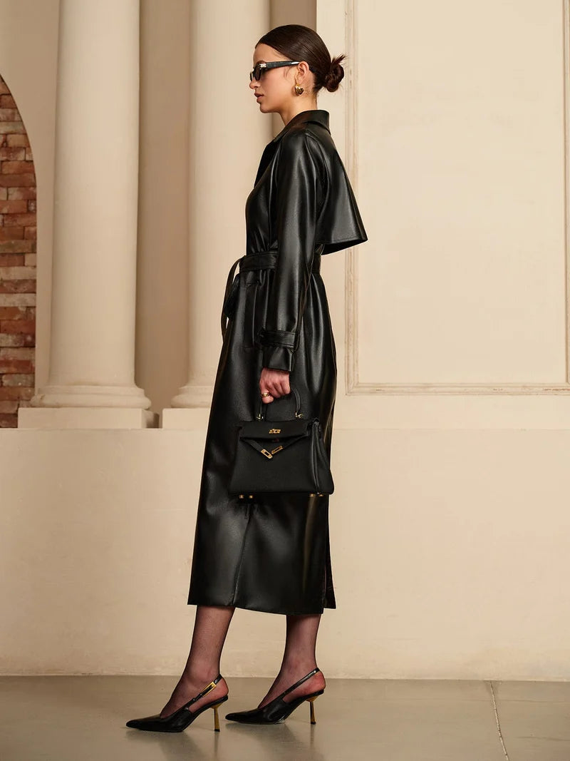 Luxury Leather-Look Lightweight Summer Jacket, Elegant Design With Belt And Buttons