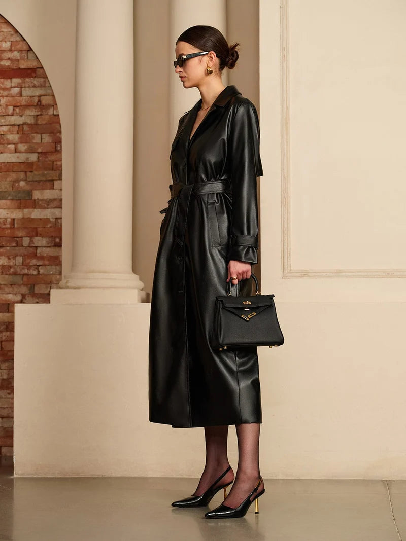Luxury Leather-Look Lightweight Summer Jacket, Elegant Design With Belt And Buttons