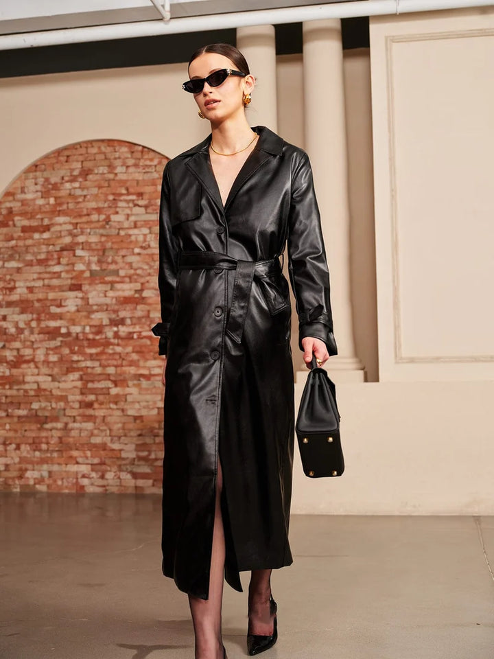 Luxury Leather-Look Lightweight Summer Jacket, Elegant Design With Belt And Buttons