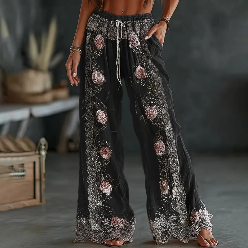 Pantalones Casuales De Lino Mixto Con Estampado Floral Bordado Vintage De Primavera Para Mujer