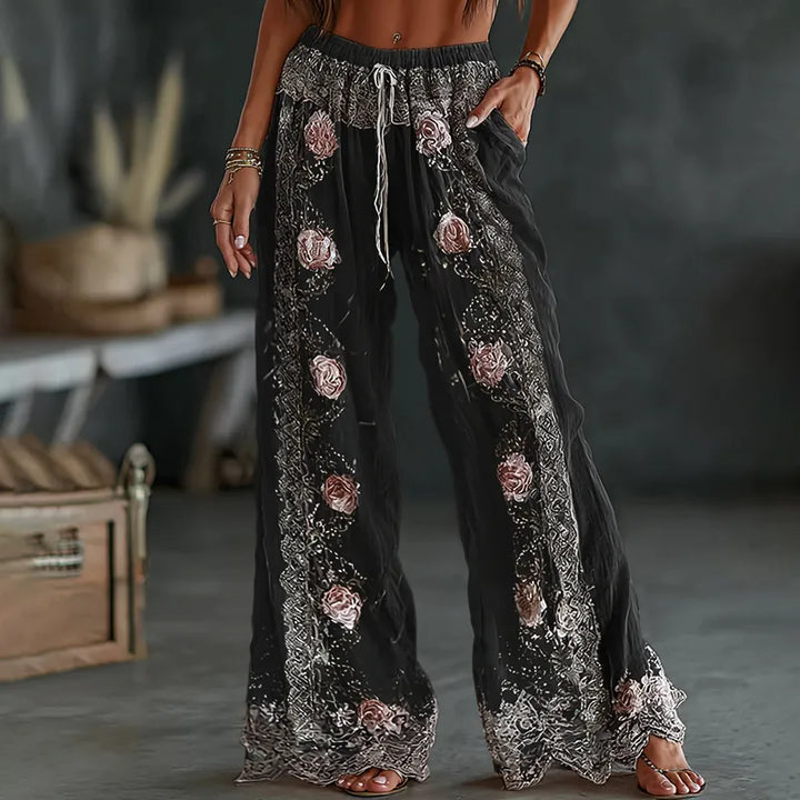 Pantalones Casuales De Lino Mixto Con Estampado Floral Bordado Vintage De Primavera Para Mujer