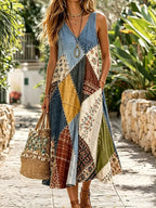 VESTIDO MIDI SIN MANGAS HIPPIE RETRO CON BORDADO FLORAL y PATCHWORK ESCOTE EN v