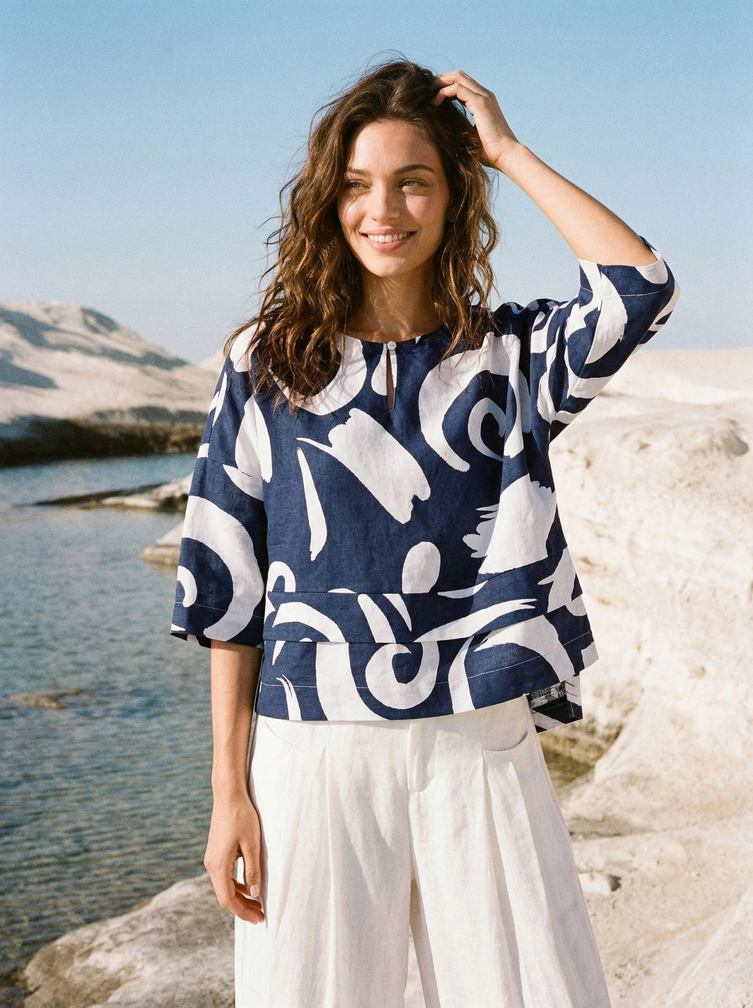 Noreen | Asymmetric Tiered Abstract Print Linen Top