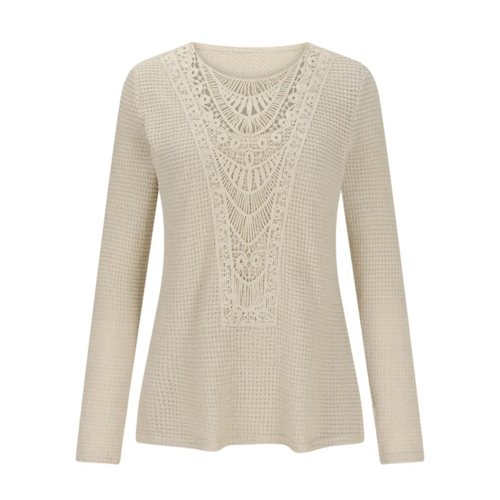 Top De Punto Gofrado Calado Con Encaje De Ganchillo Estilo Boho Para Mujer