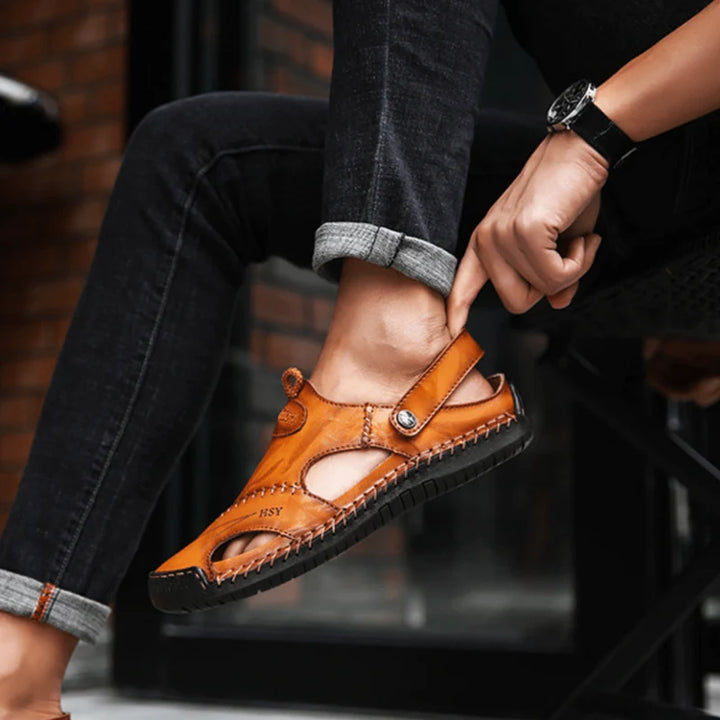 Sandalias De Cuero Para Hombre Con Diseño Calado Y Tira Ajustable – Zapatos De Verano