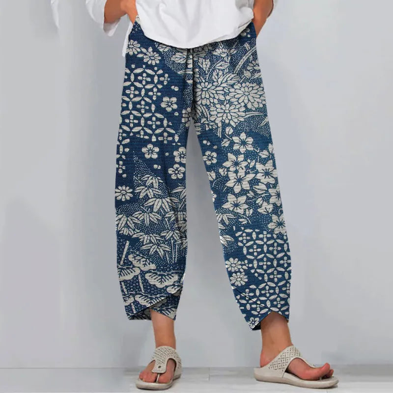 Pantalones Casuales Con Estampado Floral De Arte Japonés Vintage