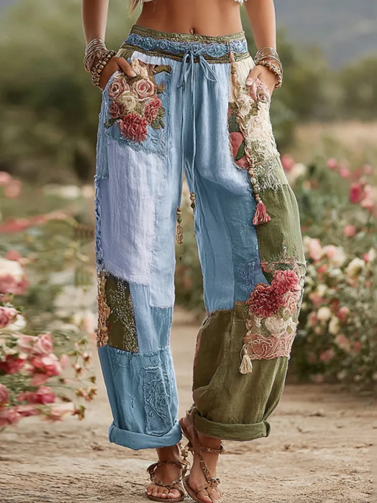 PANTALONES DE LINO RETRO CON PATCHWORK DE ROSAS Y FLORES COLECCIÓN LOVE & HEALTH