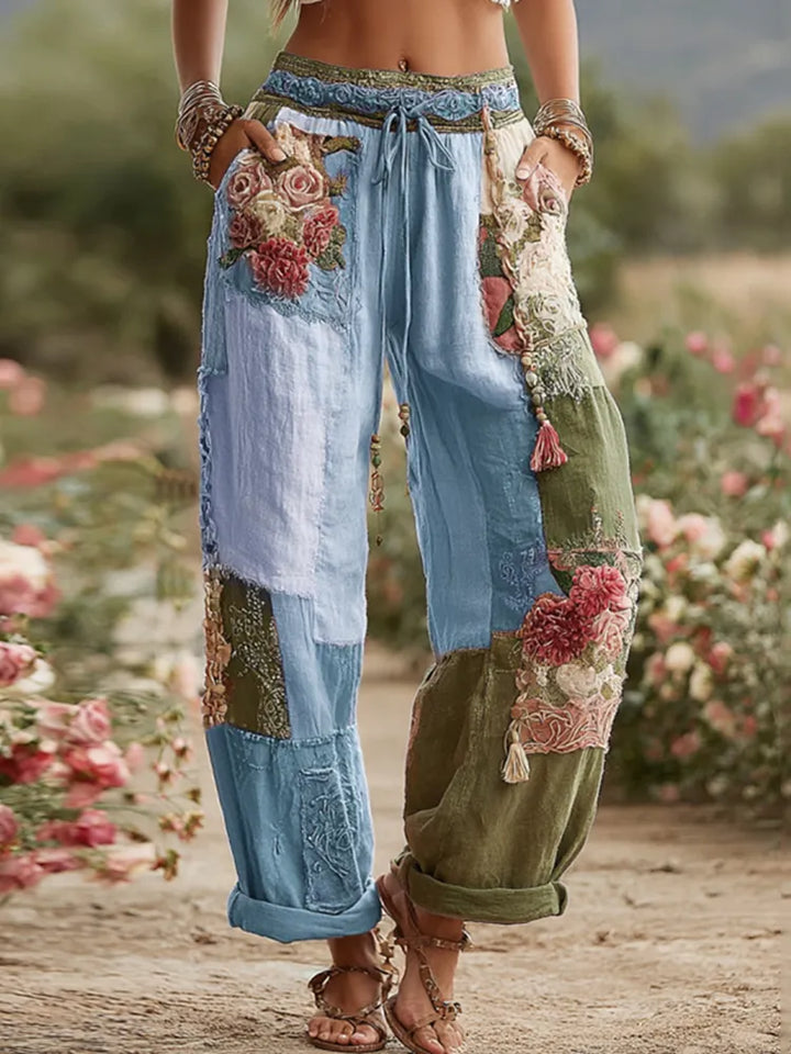Calças De Linho Retro Com Patchwork De Rosas E Flores Coleção Love & Health