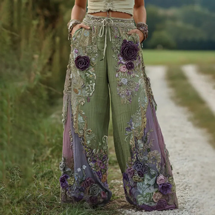Calças de Linho Bordadas com Padrão Floral de Lavanda