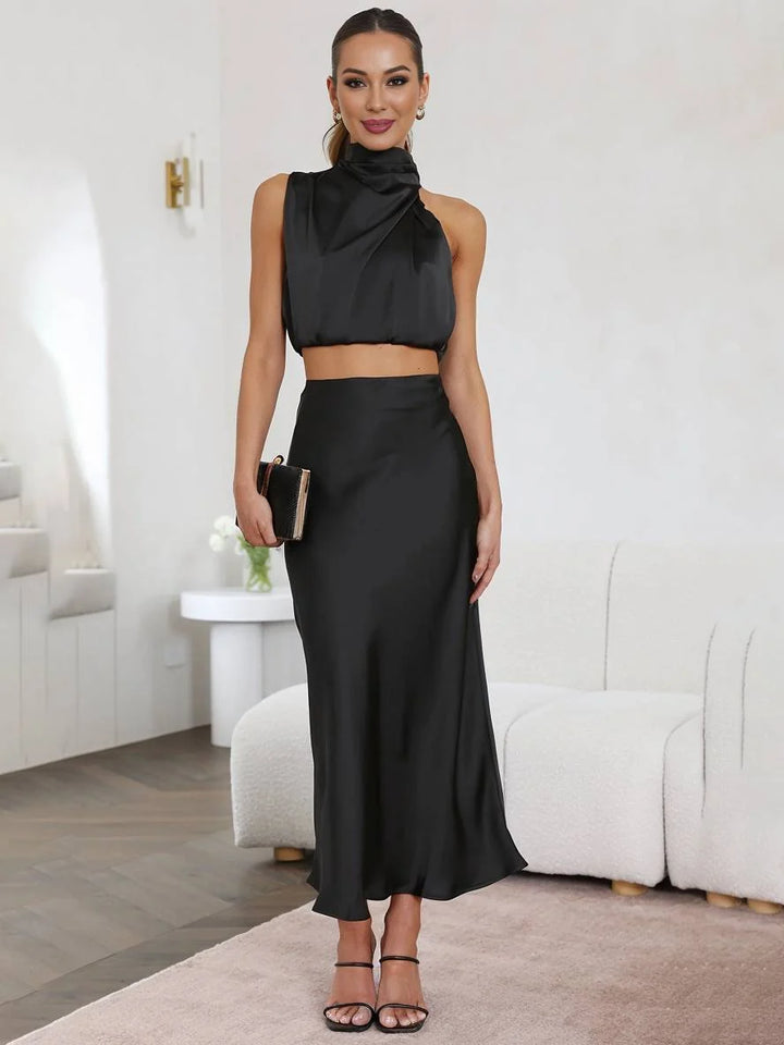 Celestina | Women's Satin Maxi Skirt and Halter Top Set