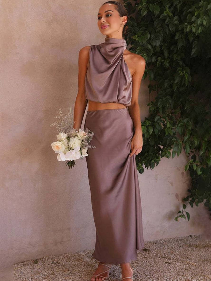 Celestina | Women's Satin Maxi Skirt and Halter Top Set