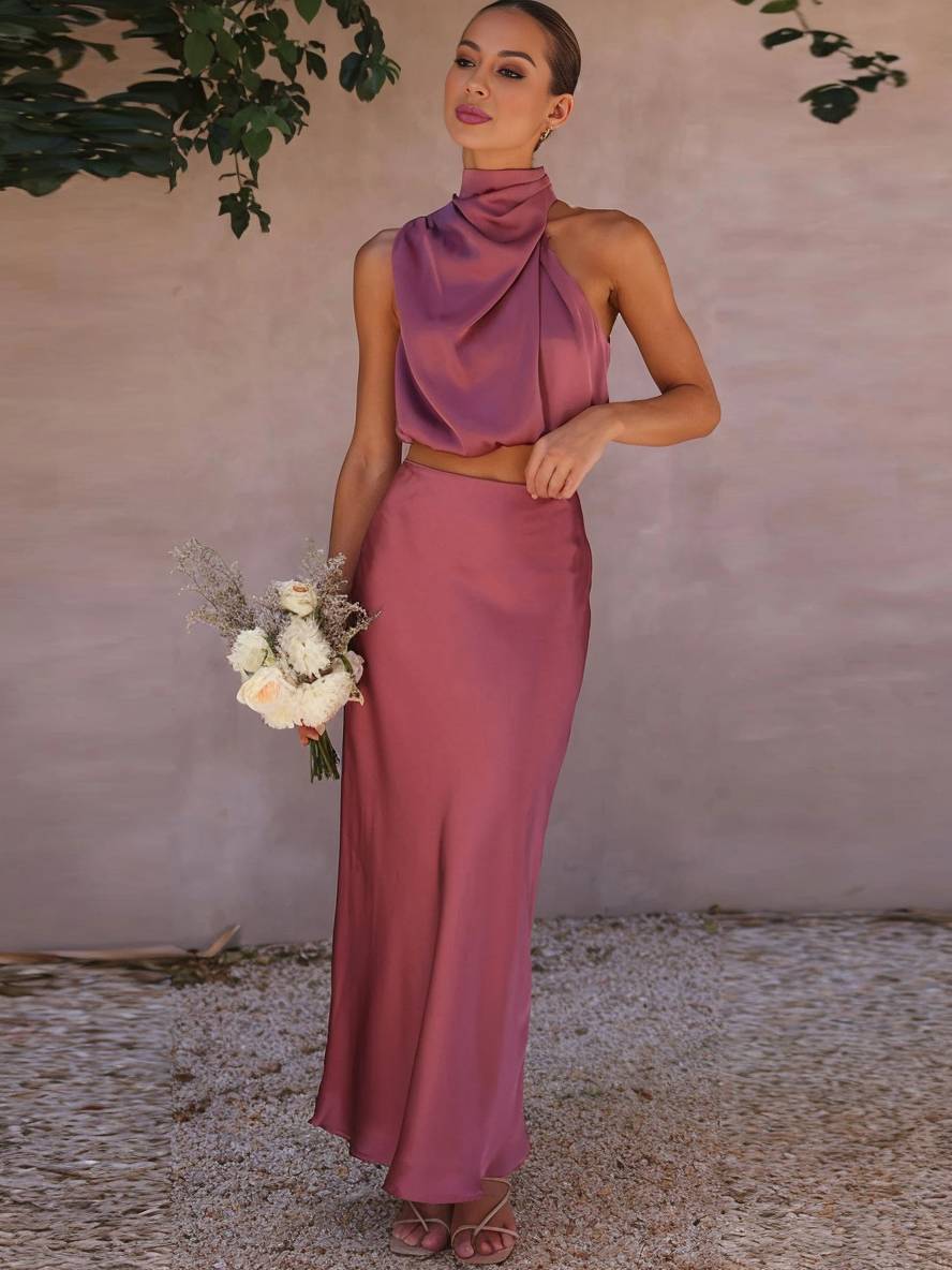 Celestina | Women's Satin Maxi Skirt and Halter Top Set