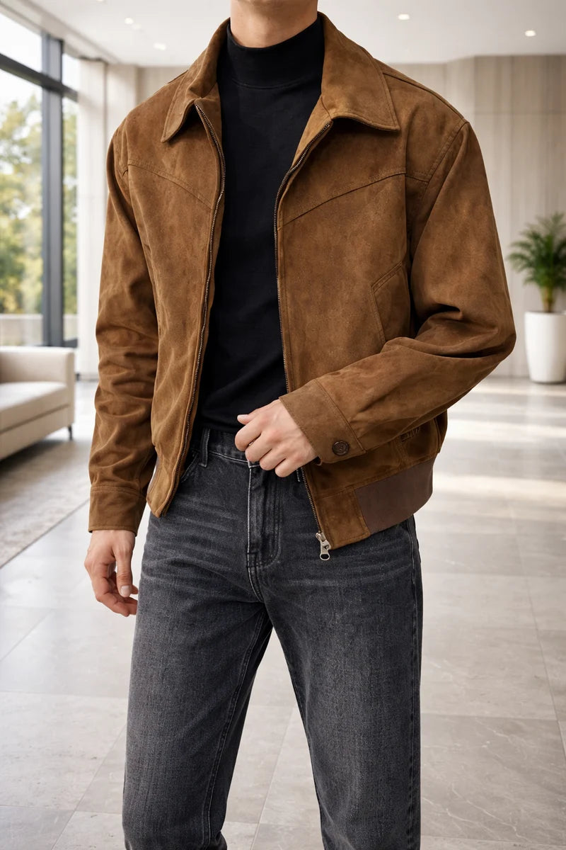 Chaqueta De Ante Para Hombre Con Cremallera Y Cuello