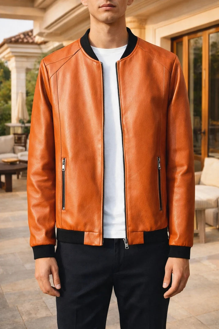 Viktor | Men's Leather Bomber Jacket with Knitted Finish and Zip