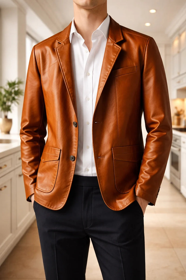 Men's Leather Blazer, Smart Casual Single-Breasted Jacket