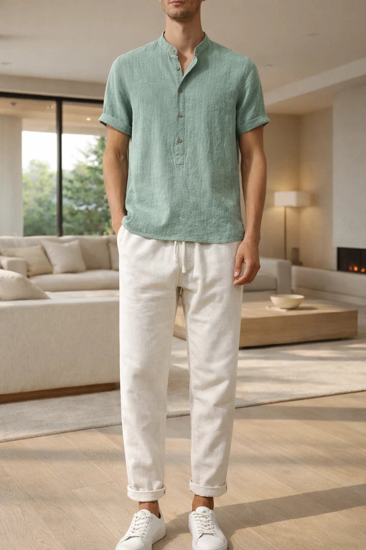 Conjunto De Algodón Y Lino Para Hombre Con Cuello De Pie Ropa De Verano