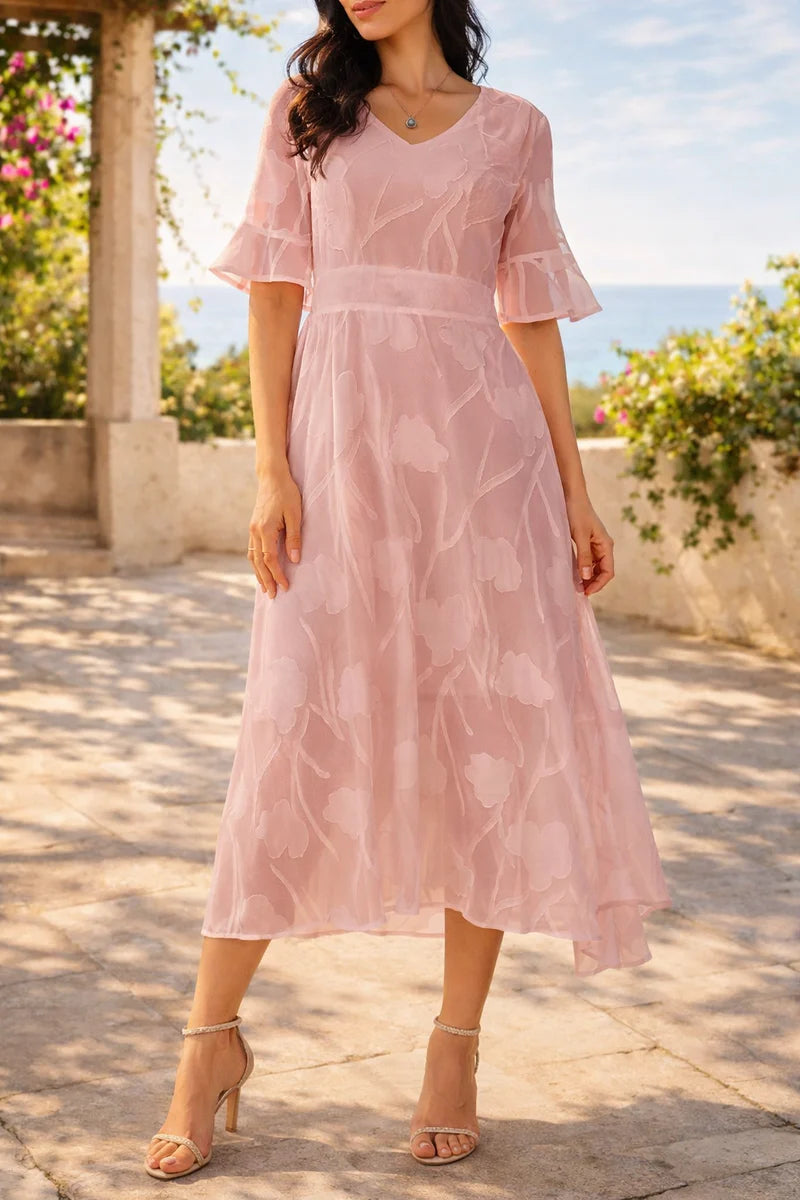 Vestido Midi Con Sobreposición Transparente Y Mangas Fluidas
