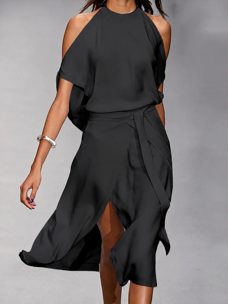 Vestido Midi Asimétrico Hombro Descubierto Con Cinturón