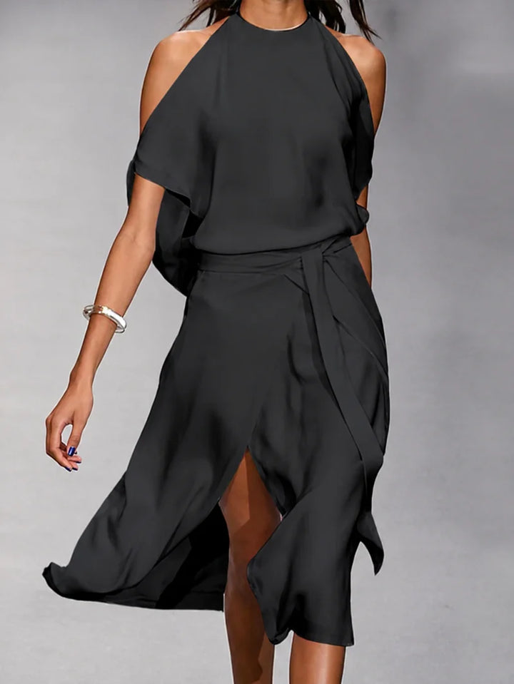 Vestido Midi Asimétrico Hombro Descubierto Con Cinturón