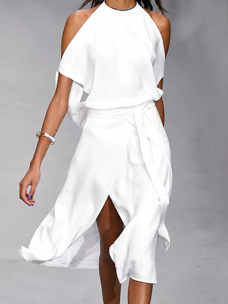 Vestido Midi Asimétrico Hombro Descubierto Con Cinturón