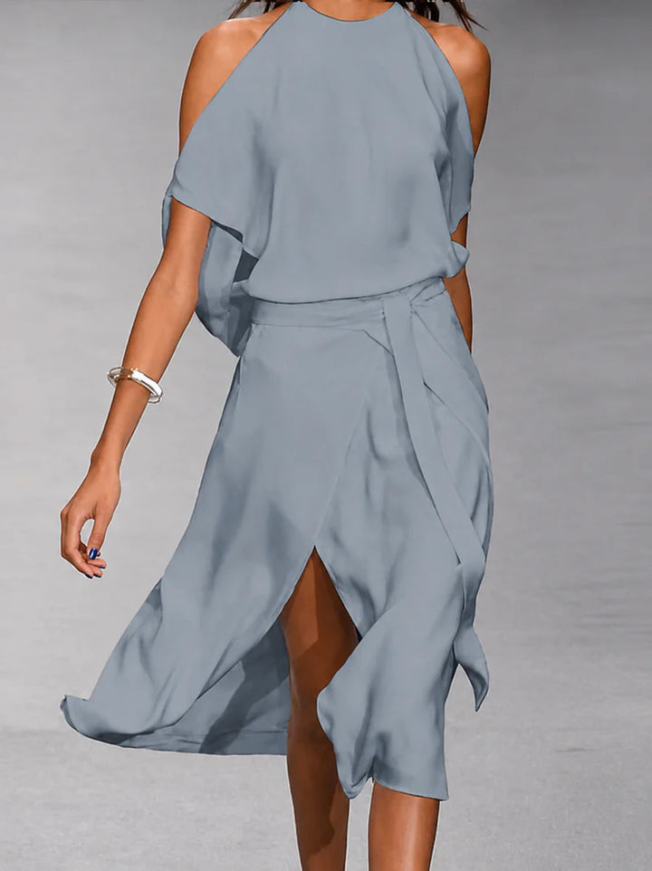 Vestido Midi Asimétrico Hombro Descubierto Con Cinturón