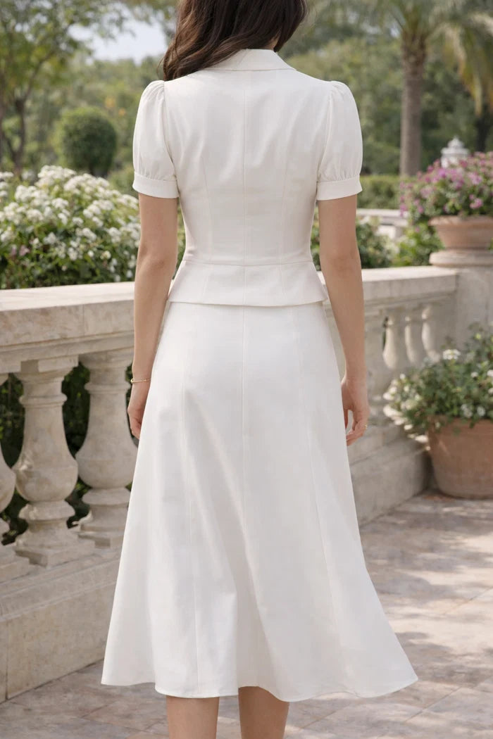 Short-Sleeve Button-Up Blouse and Midi Skirt Set
