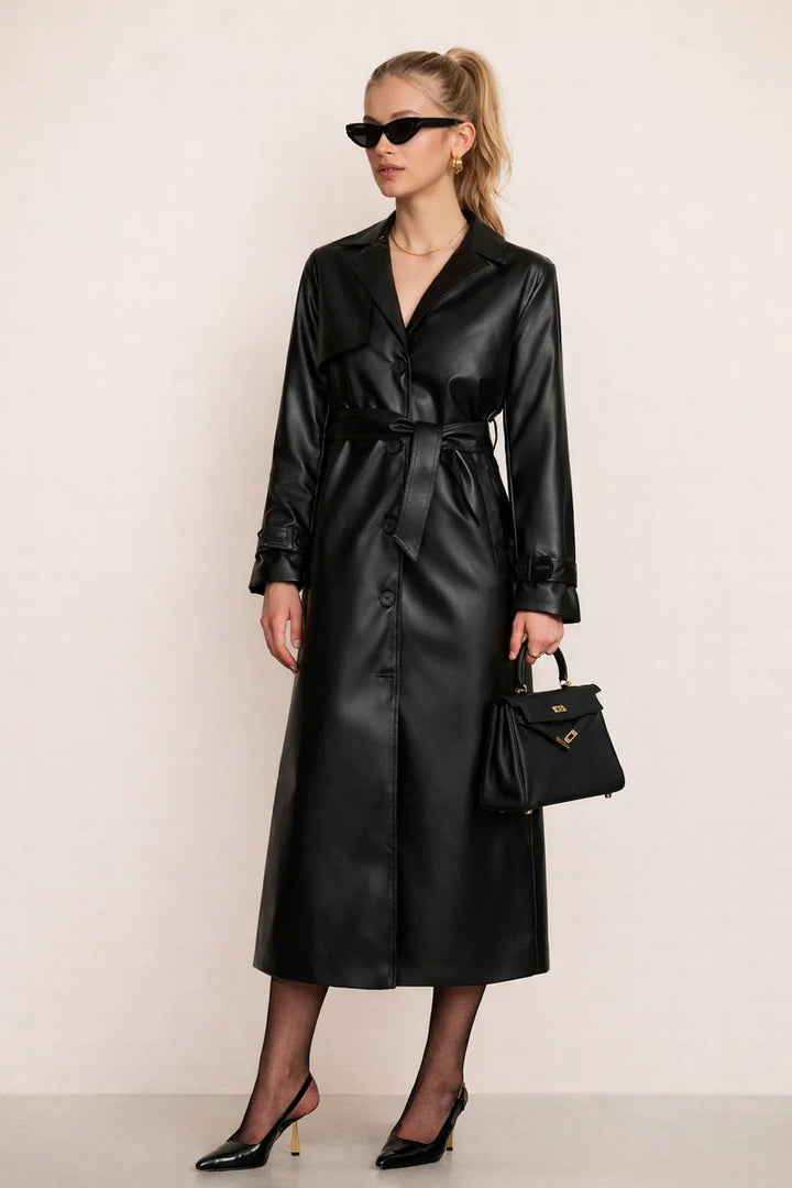 Luxury Leather-Look Lightweight Summer Jacket, Elegant Design With Belt And Buttons