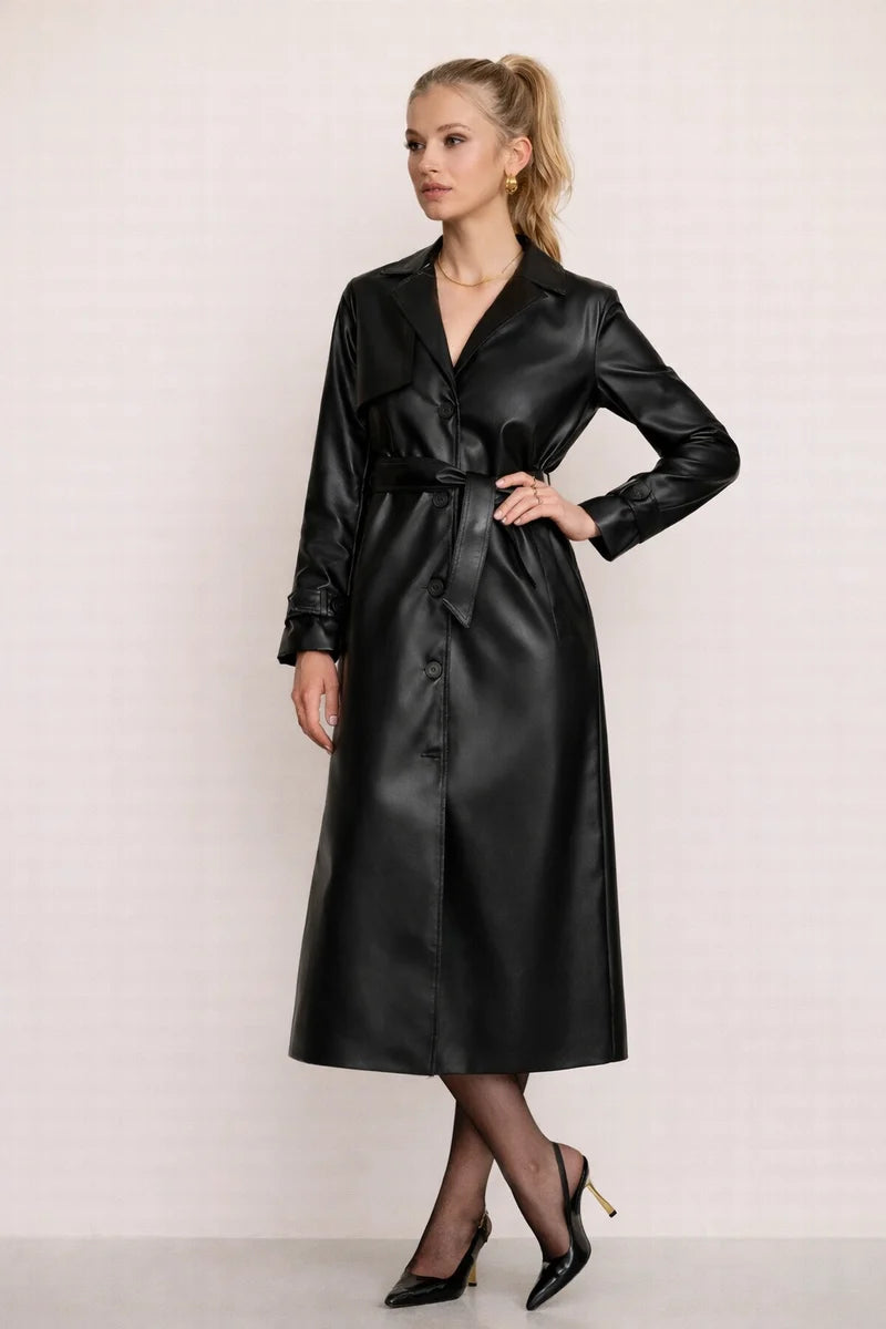 Luxury Leather-Look Lightweight Summer Jacket, Elegant Design With Belt And Buttons