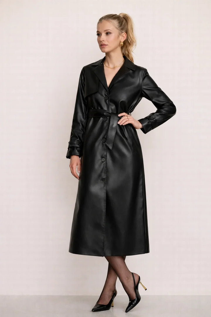 Luxury Leather-Look Lightweight Summer Jacket, Elegant Design With Belt And Buttons