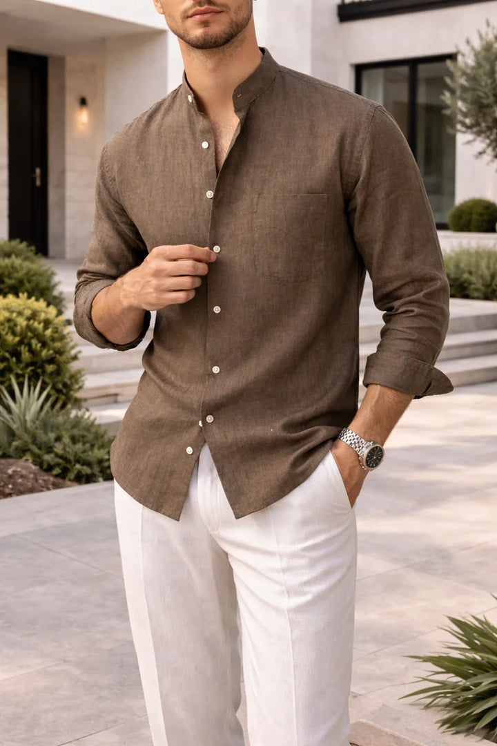 Camisa De Lino Para Hombre Con Cuello Abuelo Y Botones Al Frente Casual