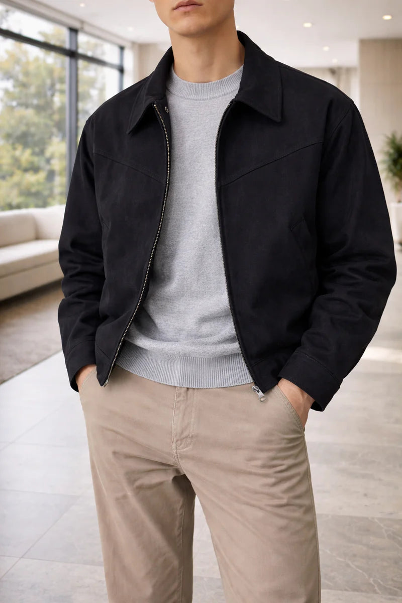 Chaqueta De Ante Para Hombre Con Cremallera Y Cuello