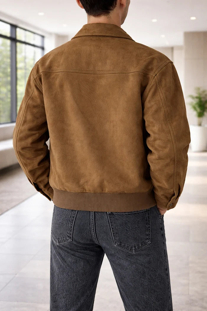 Chaqueta De Ante Para Hombre Con Cremallera Y Cuello