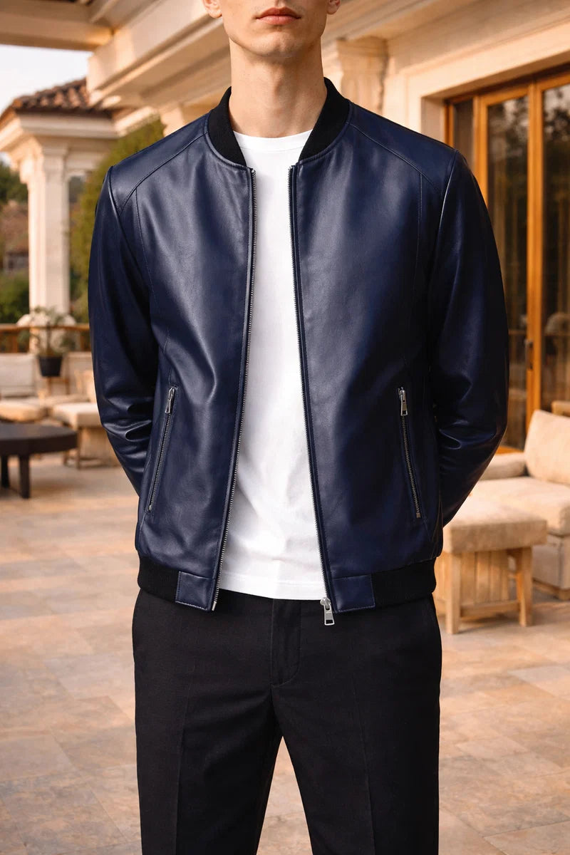 Viktor | Men's Leather Bomber Jacket with Knitted Finish and Zip